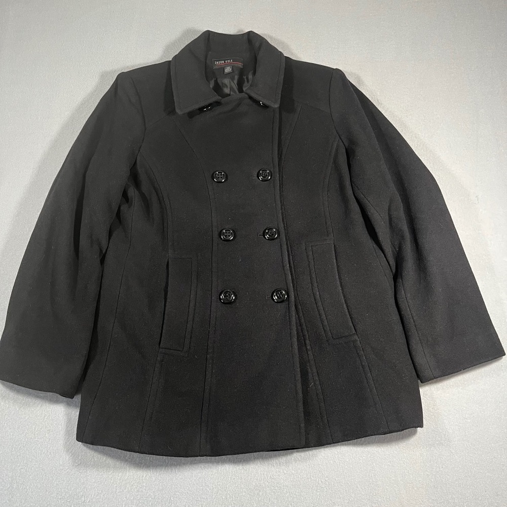JASON KOLE Women Black Double Breasted Wool‎ Blend Peacoat Jacket Large